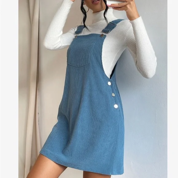 Classic Elegant Corduroy Solid Pocket Jumper Overall Dress Without Sweater - Picture 4 of 13